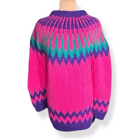 Vintage Handmade Greek Wool Fair Isle Sweater Dress Chunky Knit XL Pink Purple - Picture 10 of 10